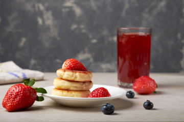 Breakfast pancakes, cooking, fruits, blueberries, strawberries, sour cream, sugar, cottage cheese, flour, eggs, banana, chocolate