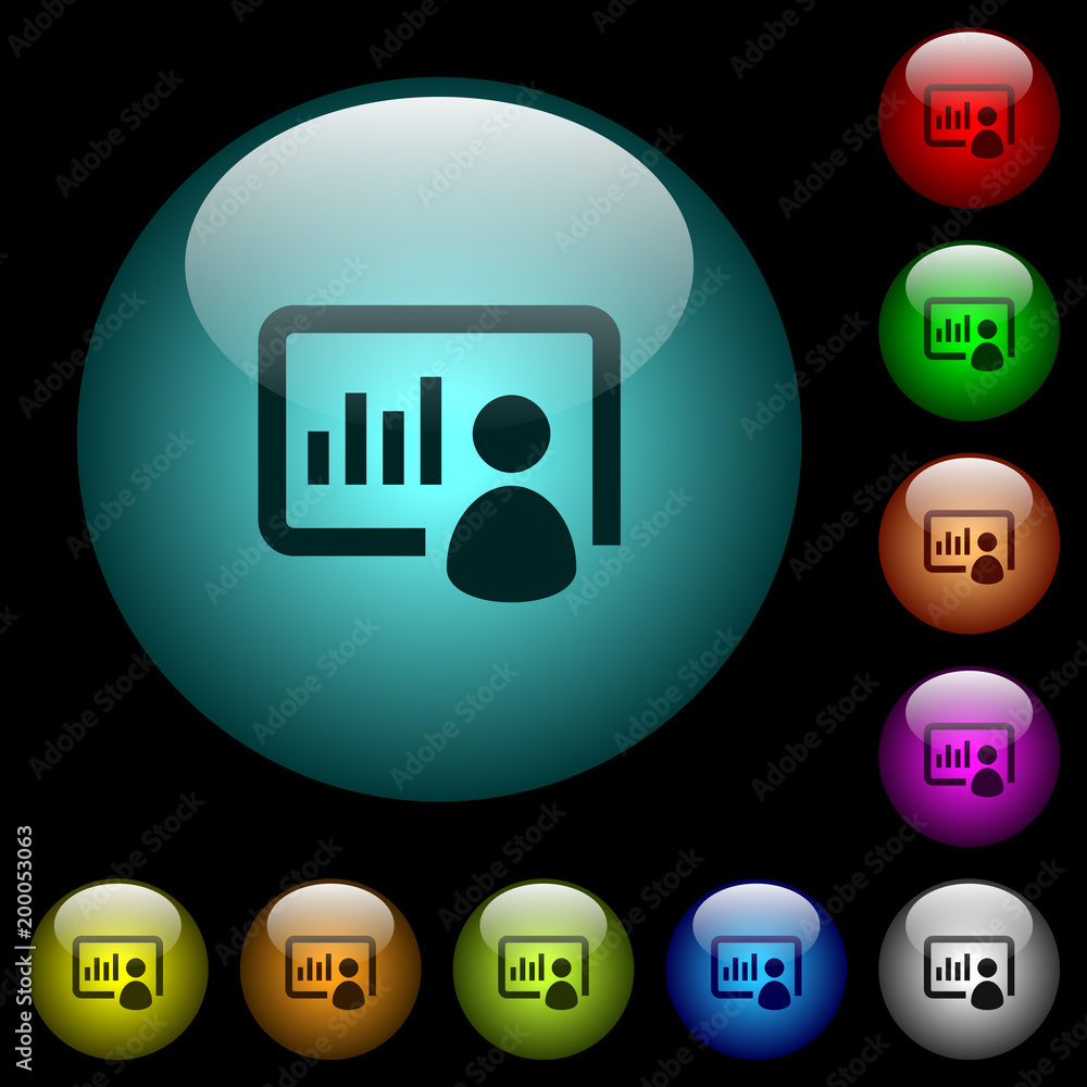 Poster presentation icons in color illuminated glass buttons