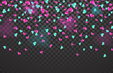 Colorfil valentines cartoon confetti isolated on grey transparent background. Valentine's day style, colorful falling shape hearts. Can be used on flyers, banners or web. Vector illustration.