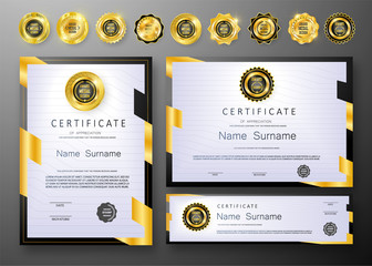 Qualification Certificate of appreciation design. Luxury vip and modern Certificate pattern, best quality award medal template, gold tapes, shapes, set of 6 medals types. Vector illustration. EPS 10.