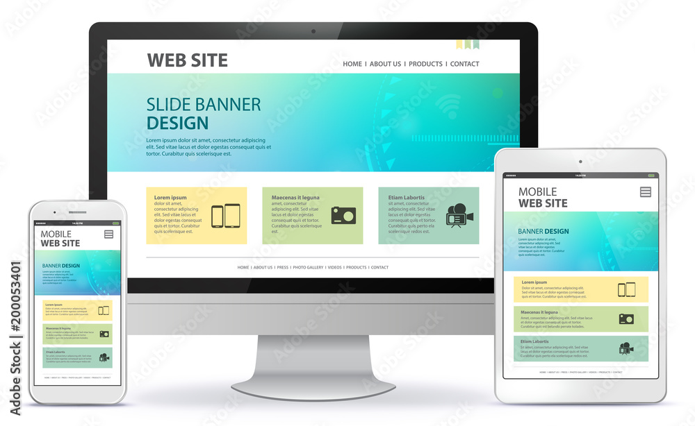 Poster responsive web site design with computer monitor, tablet computer and mobile phone screen