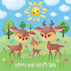 Obraz na płótnie Canvas Deer family. Mother’s Day greeting card with cute animals and their cubs. Colorful vector illustration in cartoon style.
