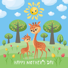 Giraffe family. Mother’s Day greeting card with cute animals and their cubs. Colorful vector illustration in cartoon style.