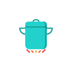 Saucepan on kitchen stove flat icon, vector sign, colorful pictogram isolated on white. The pan is on fire symbol, logo illustration. Flat style design