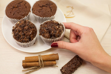 Chocolate muffins with crispy top (selective focus)