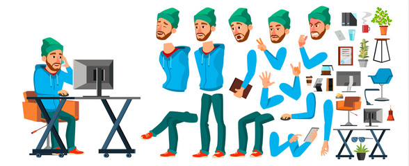 Business Man Worker Character Vector. Working Male Developer. Casual Clothes. Start Up, Office, Creative Studio. Animation Set. Bearded Salesman, Designer. Emotions, Expressions. Cartoon Illustration