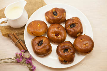 Homemade roll with poppy seeds with milk. Selective focus. Tasty concept. 