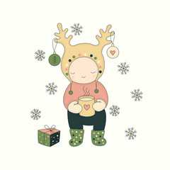 Vector illustration. Cute character with tea and gift, and snowflakes. Xmas greeting card with funny boy, child. New year, Christmas winter art, perfect for invitations and web design.