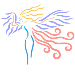 Winged slender woman looking down