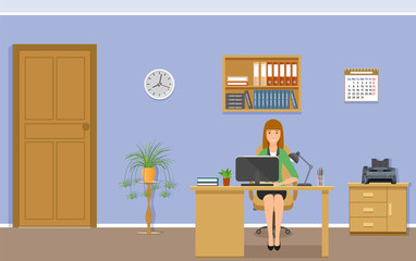 Woman office employee on working place at the table with laptop. Business worker character in office interior.