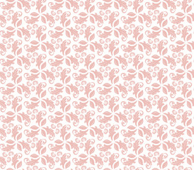 Floral vector ornament. Seamless abstract classic background with flowers. Pattern with pink repeating floral elements. Ornament for fabric, wallpaper and packaging