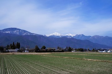 Naklejka premium 北アルプスと安曇野の町並み