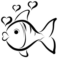 Funny cute fish and heart shaped bubbles