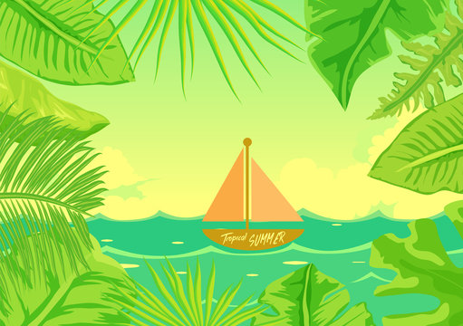 Bright tropical background with jungle plants. Exotic pattern with tropical leaves