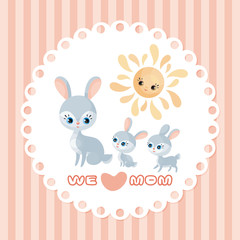Rabbit family. Mother’s Day greeting card with cute animals and their cubs. Colorful vector illustration in cartoon style.