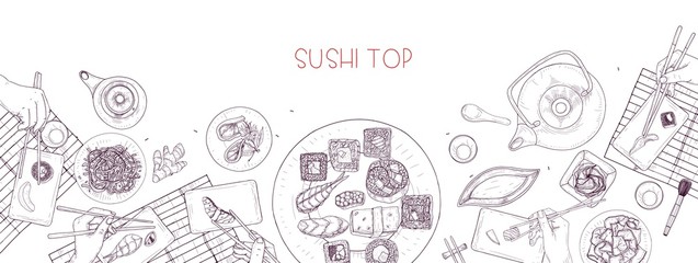 Horizontal banner with table full of Japanese meals and hands holding sushi, sashimi and rolls with chopsticks drawn with contour lines on white background. Monochrome realistic vector illustration.