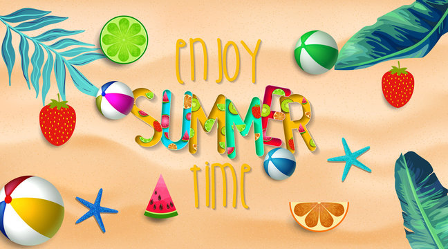 Summer design vector banner with fruits background and exotic palm leaves, hibiscus flowers and Enjoy Summer Time typography.