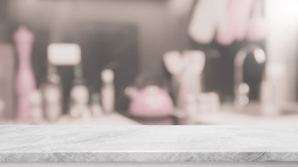 Empty white stone table top and blurred kitchen interior background - can used for display or montage your products.