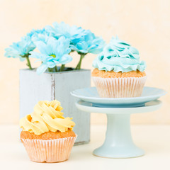 Cupcake with sweet blue and yellow buttercream decoration and blue chrysanthemum in retro shabby chic vase.