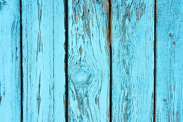 Old wooden background painted with blue paint paint with a texture of cracks and scratches.