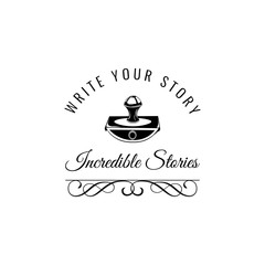 Write your story. Vintage Writer label. Old paperweight on a white