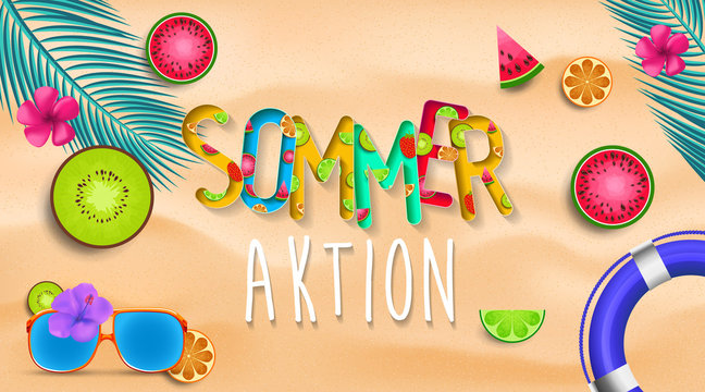 Sommeraktion. Summer design vector banner with fruits background and exotic palm leaves, hibiscus flowers.