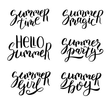 Summer lettering set. Hand drawn quotes. Artistic modern calligraphy. Collection of black phrases isolated on white background.