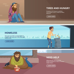 Vector horizontal banners with illustrations of poor and homeless peoples
