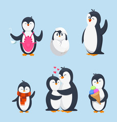 Funny pinguins in different action poses. Cartoon mascots isolate