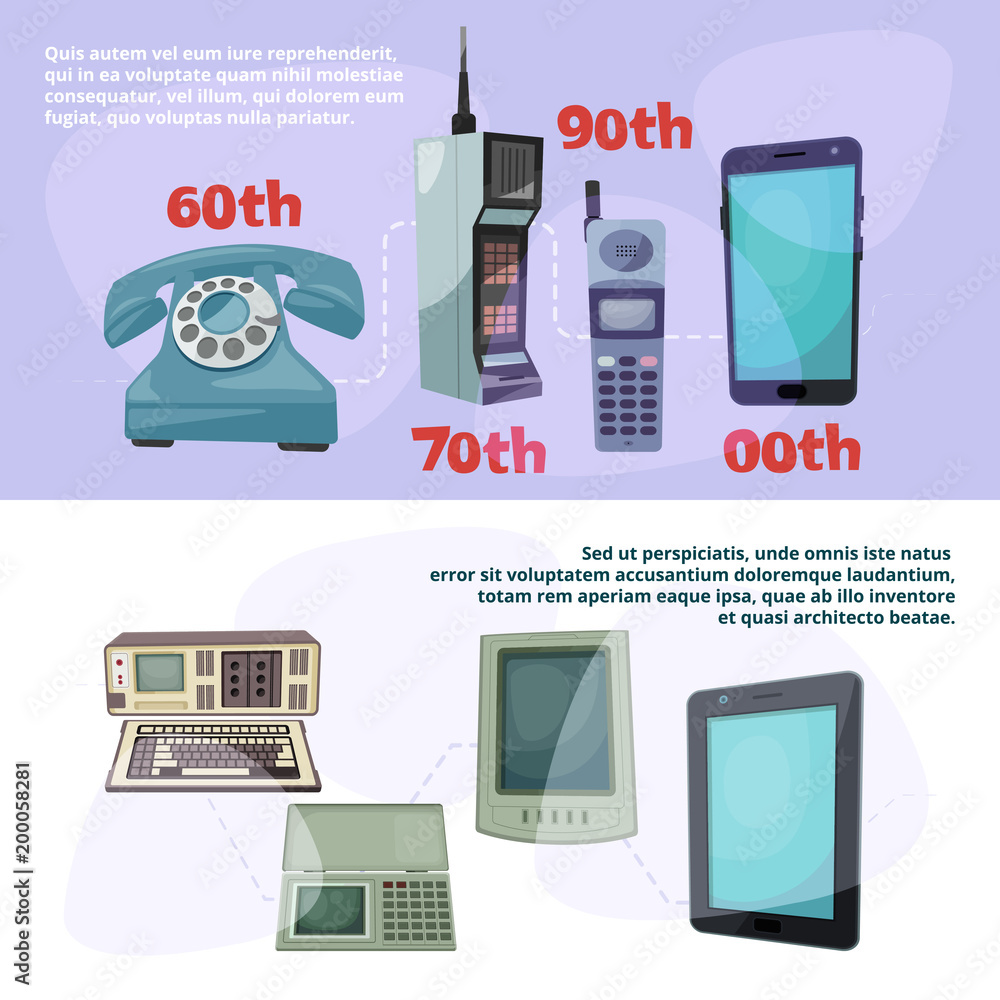 Aufkleber visualization of technological progress. banners set with different retro gadgets
