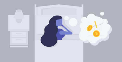 woman sleeps on bed. Bitcoin currency in her dream . Vector illustration.