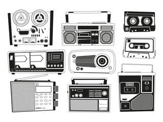 Obraz premium Monochrome pictures set of various vintage audio recorders