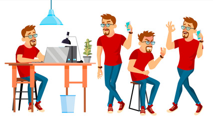 Business Man Character Vector. Working Male. Environment Process. Start Up. Bearded. Casual Clothes. Worker. Full Length. Programmer, Manager. Expressions. Flat Business Character Illustration