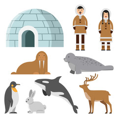 Polar, arctic animals and residents of the north near eskimo ice house - obrazy, fototapety, plakaty