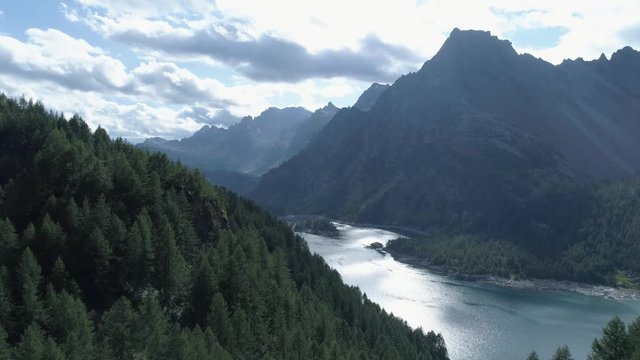 aerial forward above pine woods forest revealing mountain valley lake in sunny summer day.Europe Italy Alps outdoors green nature scape mountains wild establisher.4k drone flight establishing shot