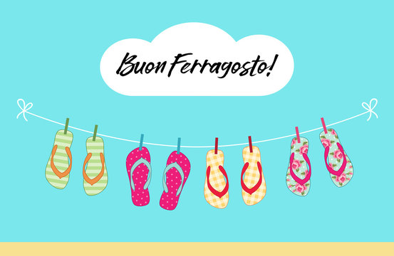 Cute colorful summer banner for Ferragosto italian summer holiday with flip flops hanging on the rope