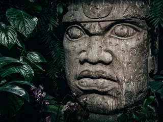 Blackout curtains Historic monument Olmec sculpture carved from stone. Big stone head statue in a jungle