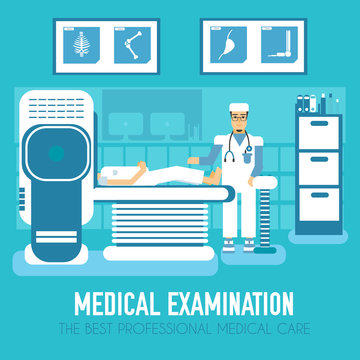 Medical diagnostic room vector illustration. Visit to the doctor in medicine office in hospital for medical examination background. Flat style design icon concept. 
