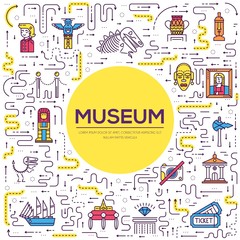 Thin line woman standing near different sculptures, pictures, and art objects in the museum concept. Outline vector illustration design