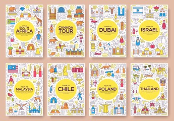 Set of thin line travel world country concept. Art traditional, magazine, book, poster, abstract, banners, element. Vector outline package greeting card or invitation design background