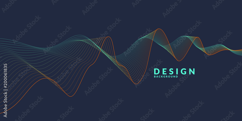 Poster vector abstract background with a colored dynamic waves, line and particles.