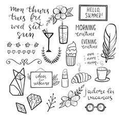 Set of hand drawn elements for design of  bullet journal, scrapboking.