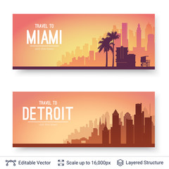 Miami and Detroit famous city scapes. - obrazy, fototapety, plakaty