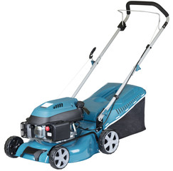 Gasoline mower isolated on white background, high resolution, three quarters view