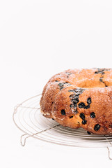Traditional German or Austrian Gugelhupf or Kouglof from Alsace, France, a round bundt cake with raisins made of brioche yeast sponge or sweet bread dough and dusted with sugar