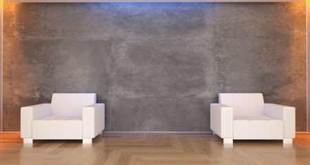 3D Rendering Of Realistic Concrete Room With White Classic Chairs