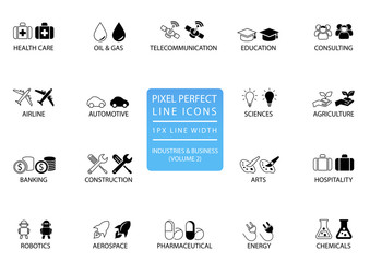 Pixel perfect thin line icons and symbols of various industries / business sectors like telecommunications, chemicals, aerospace, automotive, banking, consulting