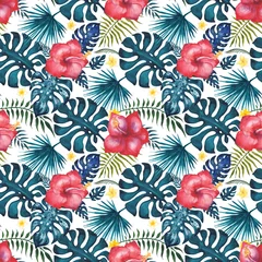 Schilderijen op glas Tropical seamless pattern. Flowers and palm leaves. Hand drawn, hand painted watercolor illustration. White background © katyau