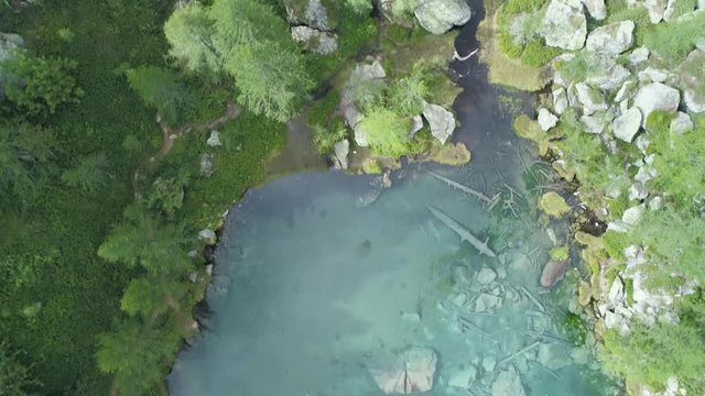 aerial overhead above blue clear alpine lake near forest in sunny summer with clouds.Europe Alps green nature outdoors mountains straight down establisher.4k drone over top view establishing shot