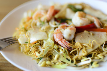Dish from shrimps, noodles, seafood